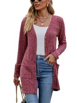 Famulily Langarm Leichte Strickjacken für Frauen Button Down V Neck Rippstrick Oberbekleidung Tops mit Taschen (L, Wein) von Famulily