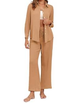 Famulily Locker Pyjama Set Damen Lang Baumwolle Lounge Set Damen Plissee Schlafanzug Mit Knopfleiste Khaki 2XL von Famulily