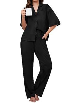 Famulily Lounge Wear Sets für Frauen Zweiteilige V-Ausschnitt Schlafanzug Button Down Nachtwäsche Weicher Schlafanzug mit Hose Schwarz XL von Famulily