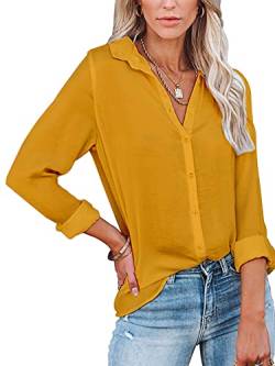 Famulily Musselin Bluse Damen Langarm Frauen Hemd V Ausschnitt Bluse mit KnöPfen Gelb M von Famulily