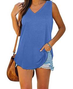 Famulily Oberteile Damen Sommer Lässig Long Top Damen Lang Ärmellose Shirts V Ausschnitt Blusen Blau XL von Famulily
