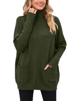Famulily Outdoor Strickpullover Damen Rollkragen Angenehmen Dicker Pullover mit Taschen Armee Grün S von Famulily