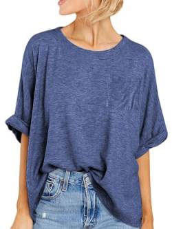 Famulily Oversized T-Shirt für Frauen Sommer Flowy Baggy Plain Tshirts mit Brusttasche (M,Blau) von Famulily