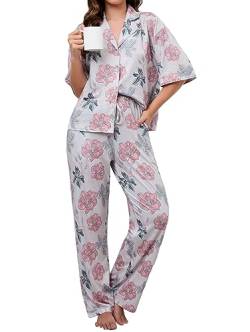 Famulily Pyjama Set Damen Kurzarm Schlafanzug Baumwolle Nachtwäsche Zweiteiliges Loungewear Set mit Taschen Beige M von Famulily