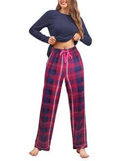 Famulily Pyjama Sets für Damen weiche Lounge Sets O-Ausschnitt Nachtwäsche Oberteile + Bedruckte Karierte Lange Hosen Marineblau XL von Famulily
