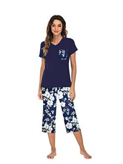 Famulily Pyjama für Damen, Baumwolle, bequem, Pyjama-Set, Blumendruck, kurzärmelig, Loungewear-Oberteil und weites Bein, kurze Hose, weiche Nachtwäsche, Nachtwäsche S-XXL, dunkelblau, 38 von Famulily