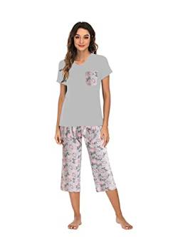 Famulily Pyjama für Damen, Baumwolle, bequem, Pyjama-Set, Blumendruck, kurzärmelig, Loungewear-Oberteil und weites Bein, kurze Hose, weiche Nachtwäsche, Nachtwäsche S-XXL, hellgrau, 42 von Famulily