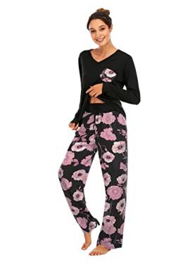 Famulily Pyjama für Damen, Baumwolle, bequem, Pyjama-Set, Blumenmuster, lang/kurzärmelig, Loungewear, Oberteil und weites Bein, weiche Nachtwäsche, Nachtwäsche S-XXL, violett, 38 von Famulily