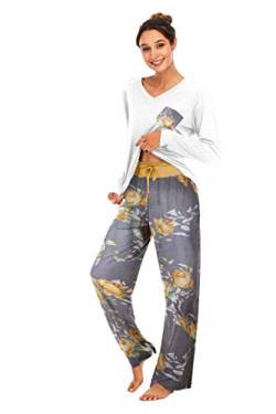 Famulily Schlafanzüge für Damen Pyjama Baumwolle Lang Pyjama Set Nachtwäsche Zweiteiliger Lang Hose und Tops Weich Damen Lounge Sets,Gelb,XL von Famulily