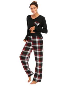 Famulily Schlafanzüge für Damen Pyjama Baumwolle Lang Pyjama Set Nachtwäsche Zweiteiliger Lang Hose und Tops Weich Damen Lounge Sets,Kariert,S von Famulily
