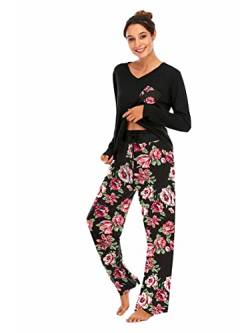 Famulily Schlafanzüge für Damen Pyjama Baumwolle Lang Pyjama Set Nachtwäsche Zweiteiliger Lang Hose und Tops Weich Damen Lounge Sets,Rot,S von Famulily