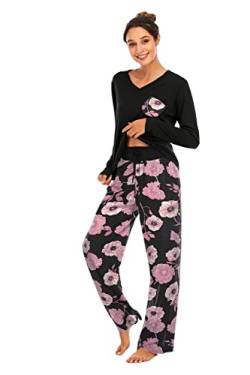 Famulily Schlafanzüge für Damen Pyjama Baumwolle Lang Pyjama Set Nachtwäsche Zweiteiliger Lang Hose und Tops Weich Damen Lounge Sets,Violett,XL von Famulily