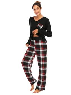 Famulily Schlafanzug Damen Lang Karierter Pyjama Set Winter Baumwolle Pyjama V-Ausschnitt langärmeliger Zweiteiliger mit Taschen,Kariert,XL von Famulily