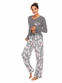 Famulily Schlafanzug Damen Lang Pyjama Set Winter Pyjama Baumwolle Nachtwäsche Print V-Ausschnitt langärmeliger Zweiteiliger mit Taschen,Dunkelgrau,M von Famulily