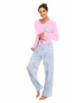 Famulily Schlafanzug Damen Lang Pyjama Set Winter Pyjama Baumwolle Nachtwäsche Print V-Ausschnitt langärmeliger Zweiteiliger mit Taschen,Rosa,S von Famulily