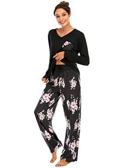 Famulily Schlafanzug Damen Lang Pyjama Set Winter Pyjama Baumwolle Nachtwäsche Print V-Ausschnitt langärmeliger Zweiteiliger mit Taschen,Schwarz,M von Famulily