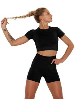 Famulily Sexy Workout-Outfit für Damen, 2-teilig, nahtlose Yoga-Leggings, kurzärmeliges T-Shirt und Shorts Set, Sommer, Freizeit, Fitnessstudio, Laufsport, Yoga-Kleidung Gr. L, Schwarz von Famulily
