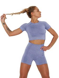 Famulily Sexy Workout-Outfit für Damen, 2-teilig, nahtlose Yoga-Leggings, kurzärmeliges T-Shirt und Shorts Set, Sommer, Freizeit, Fitnessstudio, Laufsport, Yoga-Kleidung Gr. Medium, blau von Famulily