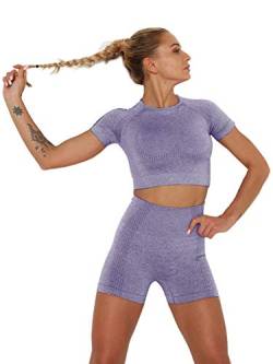 Famulily Sexy Workout-Outfit für Damen, 2-teilig, nahtlose Yoga-Leggings, kurzärmeliges T-Shirt und Shorts Set, Sommer, Freizeit, Fitnessstudio, Laufsport, Yoga-Kleidung Gr. S, violett von Famulily