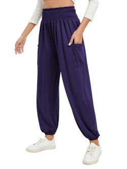 Famulily Stoffhose Damen Sommer Plus Size Harem Hosen Hohe Taille Yoga Boho Hosen mit Taschen Marineblau L von Famulily