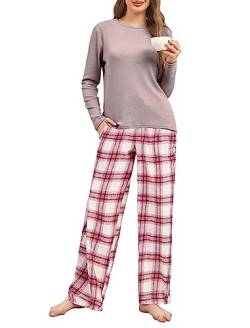 Famulily Womens Bequeme Langarm Pyjamas Set Nette Strick Top und Plaid Hosen Pjs Lounge Nachtwäsche Sets mit Taschen Rosa XXL von Famulily