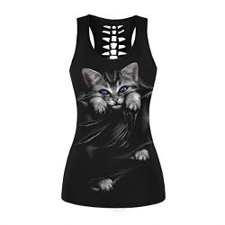 Fancy Uyee Damen Totenkopf-Shirt, Gothic, Workout, Yoga, Tanktop, ärmellos, Katzen 025, Klein von Fancy Uyee