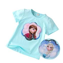 T-Shirt Anna & ELSA Frozen 2 Kinder-Flip Pailletten Baumwolle-Die Eiskönigin Mädchen Kurzarm-Shirt (as3, Numeric, Numeric_110, Regular, Lakeblue) von Fancyland
