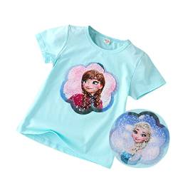 T-Shirt Anna & ELSA Frozen 2 Kinder-Flip Pailletten Baumwolle-Die Eiskönigin Mädchen Kurzarm-Shirt (as3, Numeric, Numeric_120, Regular, Lakeblue) von Fancyland