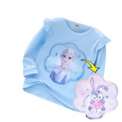 T-Shirt Langärmelig ELSA Frozen II Kinder-Flip Pailletten Baumwolle-Die | Eiskönigin Mädchen Langearm-Shirt |Motivprint Kaninchen (100cm, Blau) von Fancyland