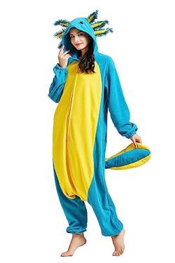 Fandecie Tiere Onesie Erwachsene Unisex Jumpsuit Karneval Kostüm Halloween Pyjamas Cosplay Neuheit Schlafanzug,Axolotel Blau von Fandecie