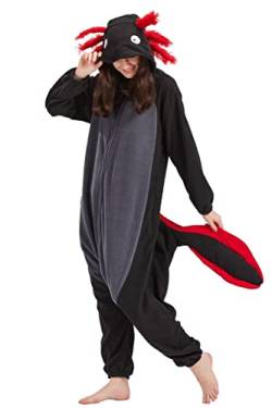 Fandecie Tiere Onesie Erwachsene Unisex Jumpsuit Karneval Kostüm Halloween Pyjamas Cosplay Neuheit Schlafanzug,Axolotl Rot Schwarz von Fandecie