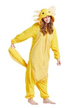 Onesie Jumpsuit Tier Unisex Damen Herren Pyjama Fasching Erwachsene Halloween Cosplay Erwachsene Karneval Einteiler Schlafanzug,Axolotl Gelb von Fandecie