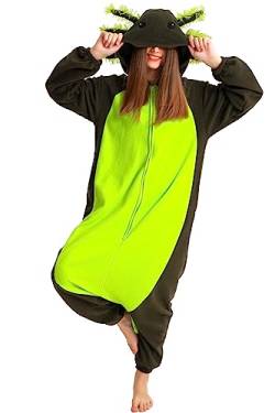 Onesie Jumpsuit Tier Unisex Damen Herren Pyjama Fasching Erwachsene Halloween Cosplay Erwachsene Karneval Einteiler Schlafanzug,Axolotl Grün von Fandecie