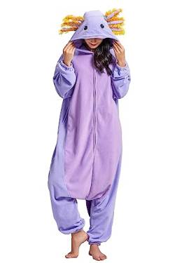 Onesie Jumpsuit Tier Unisex Damen Herren Pyjama Fasching Erwachsene Halloween Cosplay Erwachsene Karneval Einteiler Schlafanzug,Axolotl Lila von Fandecie