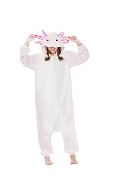 Onesie Jumpsuit Tier Unisex Damen Herren Pyjama Fasching Erwachsene Halloween Cosplay Erwachsene Karneval Einteiler Schlafanzug,Axolotl Rosa von Fandecie