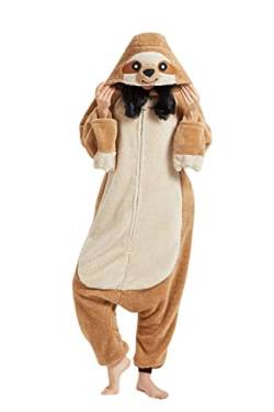 Onesie Jumpsuit Tier Unisex Damen Herren Pyjama Fasching Erwachsene Halloween Cosplay Erwachsene Karneval Einteiler Schlafanzug,Faultier von Fandecie
