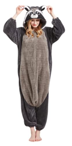 Onesie Jumpsuit Tier Unisex Damen Herren Pyjama Fasching Erwachsene Halloween Cosplay Erwachsene Karneval Einteiler Schlafanzug,Grau Waschbär von Fandecie