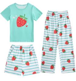Fanient Mädchen Schlafanzüge Bunter Erdbeere Drucken Pyjama Dreiteiliger Pyjama Sets Kinder Kurzarm Nightwear Set 9-10 Jahre von Fanient