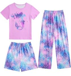 Fanient Schlafanzug Mädchen Lila Galaxie Meerjungfrau Drucken Pyjamas Sets Dreiteiliger Pyjama für Mädchen 7-8 Jahre von Fanient