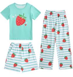 Fanient Schlafanzug Mädchen Niedliche Erdbeere Drucken Pyjama Dreiteiliger Pyjama für Mädchen Loungewear 7-8 Jahre von Fanient