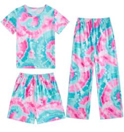 Fanient Schlafanzug für Mädchen Bunter Batik Drucken Pyjama Sets Girl Nightwear Top und Short/Lange Hosen Set 9-10 Jahre von Fanient