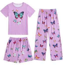 Fanient Schlafanzug für Mädchen Lila Schmetterling Drucken Pyjamas Mädchen Niedliche Kurzarm Dreiteiliger Pyjama Sets 9-10 Jahre von Fanient