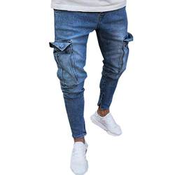 Fannyfuny Mode Herren Destroyed Jeans-Hose mit Taschen Reißverschluss Herren Slim Fit Jeans Denim Used Look Mit Destroyed-Optik Teen Jungen Party Kleidung Hellblau S-XXXXL von Fannyfuny Hose