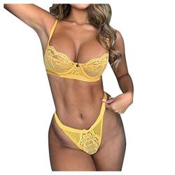 Fannyfuny Damen BH Set BH und Slip Spitze Abnehmbare Träger V-Ausschnitt Push Up Bügel BH Unterwäsche Lingerie Transparente Babydoll Panty Dessous Sets von Fannyfuny