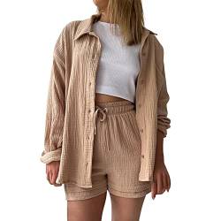 Fannyfuny Damen Zweiteiler Outfit Sommer Freizeitanzug Einfarbig Revers Button Down Hemd und Shorts Set Casual Loungewear Hosenanzug Y2K Streetwear Set Damen Outfit Freizeit Basic 2 Teilig Anzug von Fannyfuny