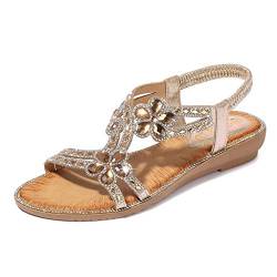 Fannyfuny Sandalen Damen Sommer Elegant Flache Sandalen Damen Strass Bohemia T-Riemen Frauen Sandalen Weichen Sohlen Sommerschuhe Gummiband Slingback Zehentrenner Sandalen Mädchen Strandschuhe GD39 von Fannyfuny