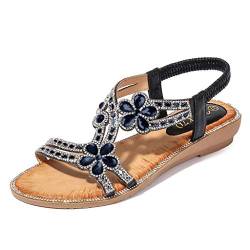 Fannyfuny Sandalen Damen Sommer Elegant Flache Sandalen Damen Strass Bohemia T-Riemen Frauen Sandalen Weichen Sohlen Sommerschuhe Gummiband Slingback Zehentrenner Sandalen Mädchen Strandschuhe von Fannyfuny