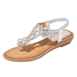 Fannyfuny Sandalen Damen Sommer Elegant Flache Sandalen Damen Strass Bohemia T-Riemen Frauen Sandalen Weichen Sohlen Sommerschuhe Gummiband Slingback Zehentrenner Sandalen Mädchen Strandschuhe von Fannyfuny