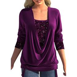 Fannyfuny Tunika Damen Elegant Pailletten Oberteil Festliche Bluse 3/4 Arm Tunika Lässig Rundhals Glitzer Oberteile Langarmshirt Glitzer Oberteile Festlich Silber Damenbluse Große Größen von Fannyfuny