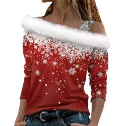 Weihnachten Pullover Damen, Weihnachten 3D Druck Plüsch Schulterfrei Langarm Pulli Shirt Mit Schulterriemen Xmas Weihnachtspullover Weihnachtspulli Mädchen Christmas Sweatshirt Herbst Oberteile von Fannyfuny